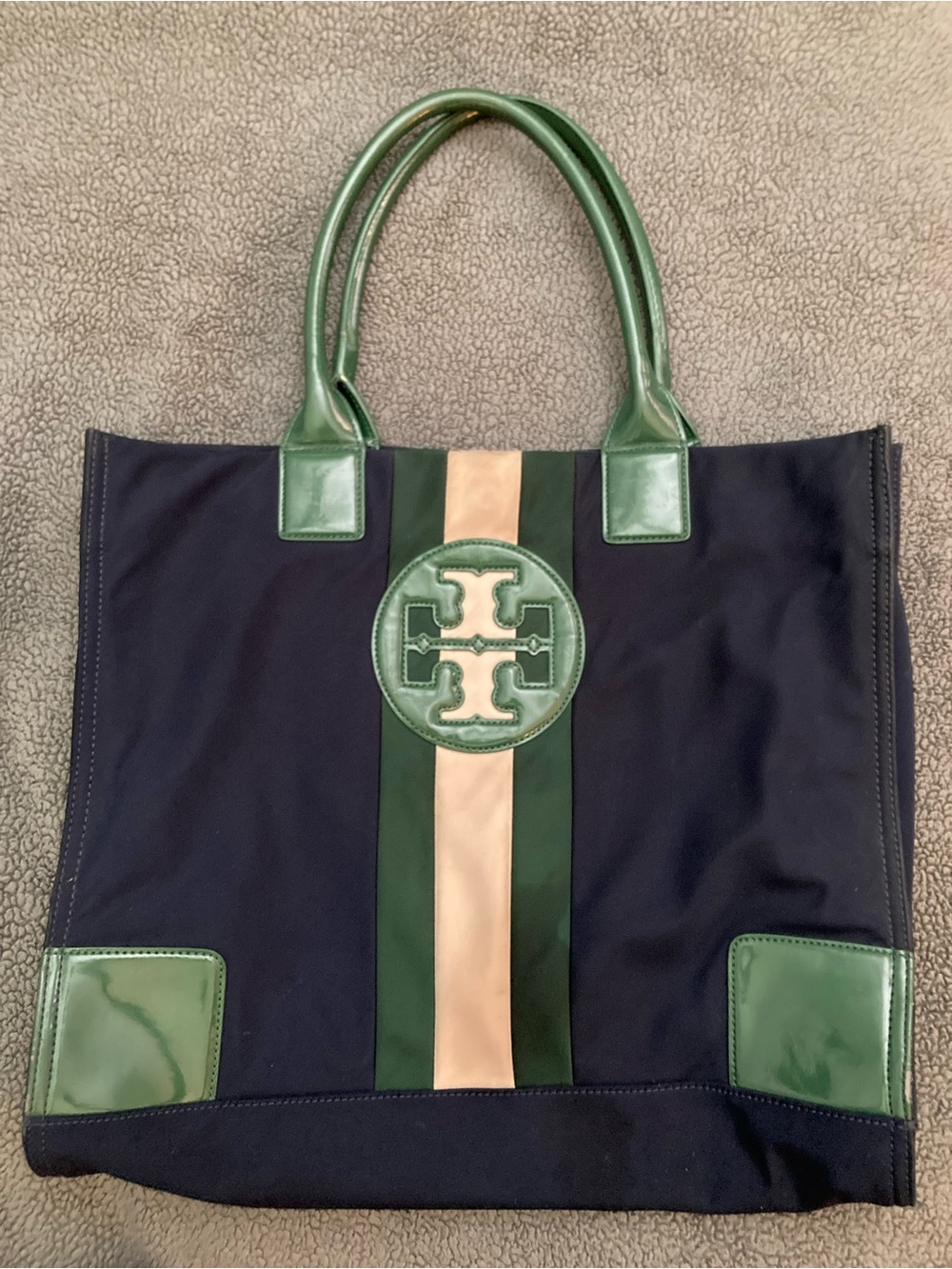 Tory Burch Navy Canvas Tote with Green and Beige Stripe